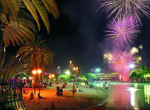 Artifical beach at Southbank, in central Brisbane, at night.